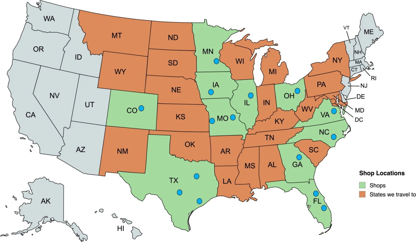 Enviromatic service area map: shop locations in Minnesota, Iowa, Missouri, Illinois, Ohio, Colorado, Texas, Georgia, Florida, North Carolina and Virginia, plus surrounding states served by traveling crews